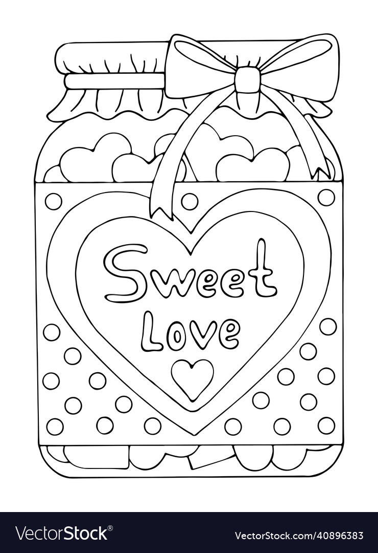 Coloring page love cute jar with sweet hearts Vector Image