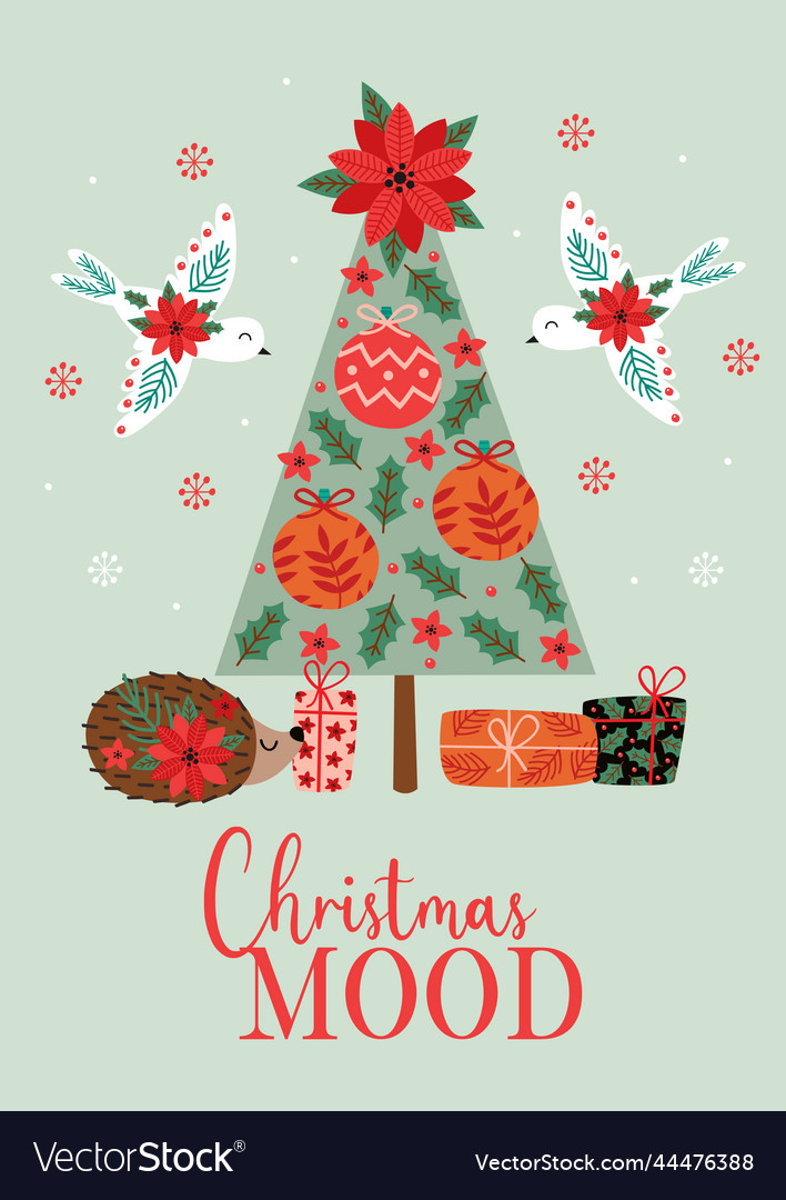 Greeting card with christmas tree and animals