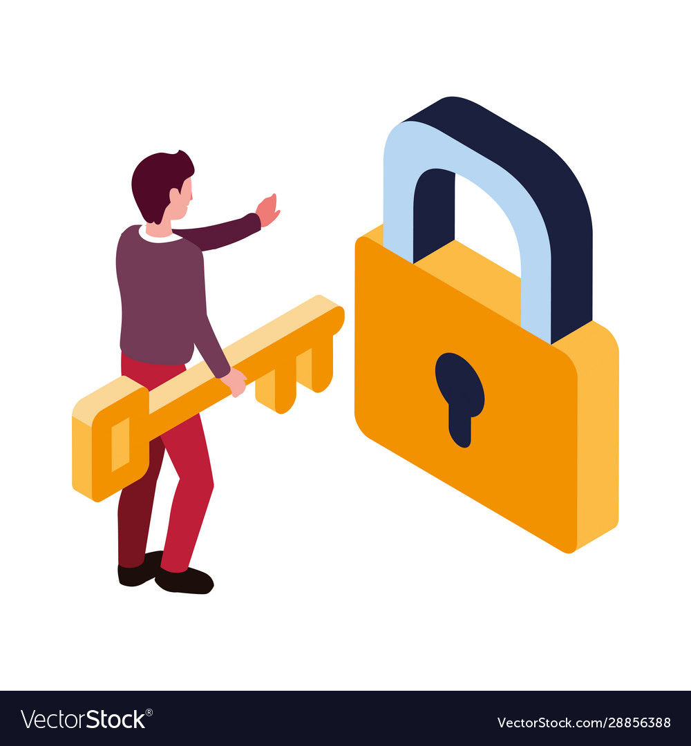 Man with security padlock and key on white