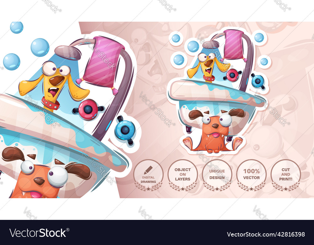 Dogs wash in the bath - cute sticker vector image Dogs wash in the bath - cute sticker