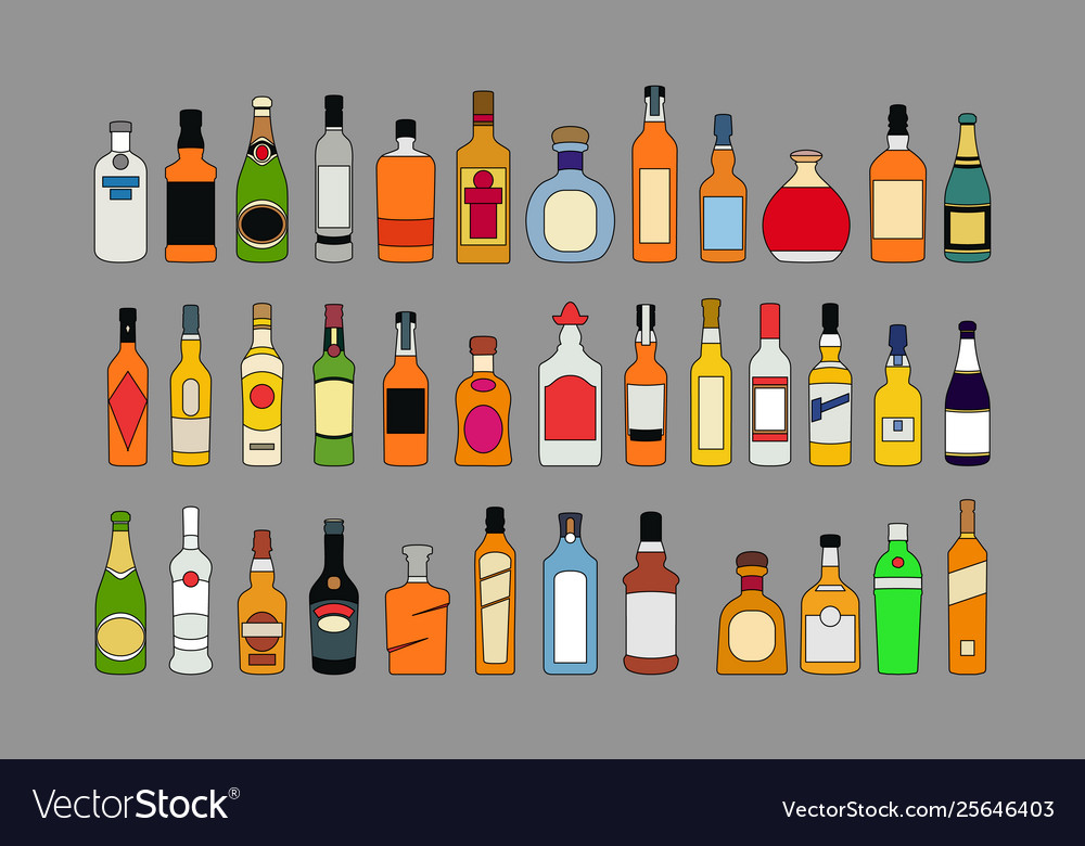 Alcohol bottles line icons set drinks object