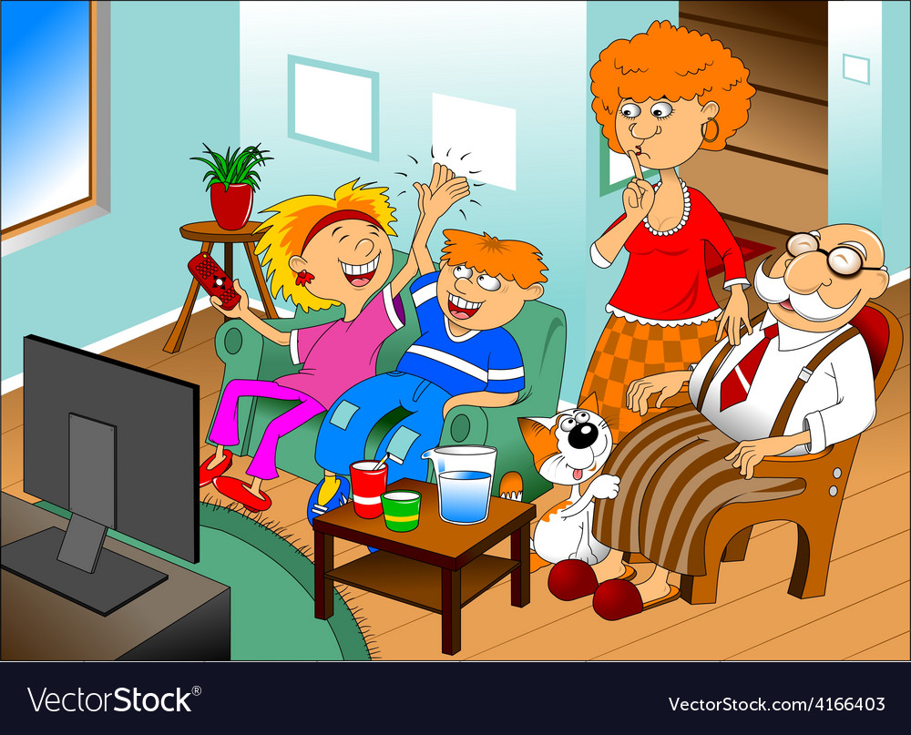 Cartoon family watching tv Royalty Free Vector Image