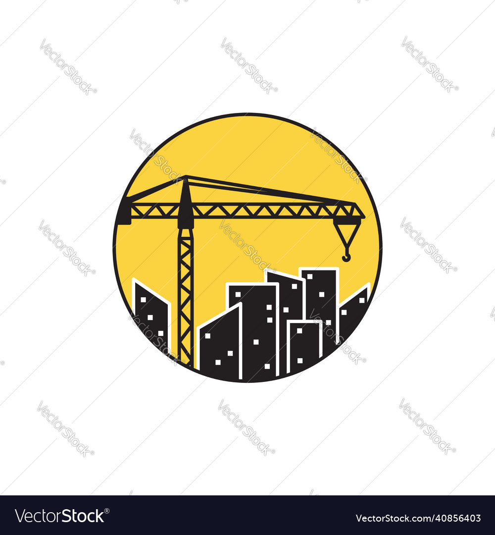 Sunset with building and crane logo design Vector Image