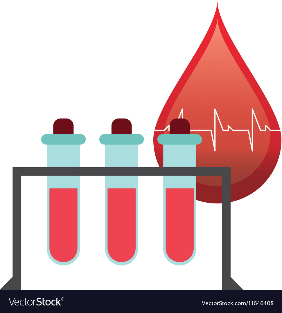 Blood drop cardiogram and test tubes icon