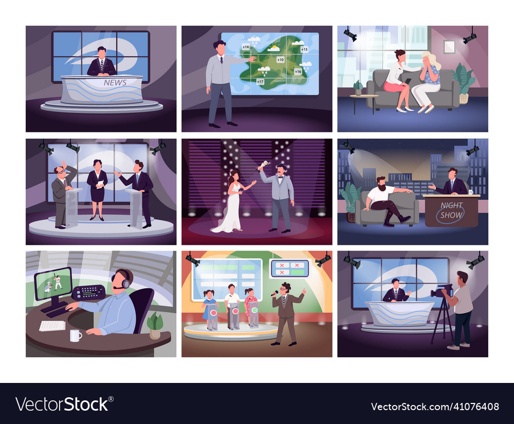 Television programming flat color set vector image Television programming flat color set