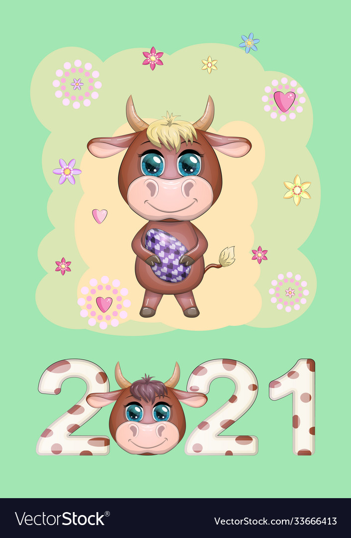 Calendar 2021 cute bull and cow for every month