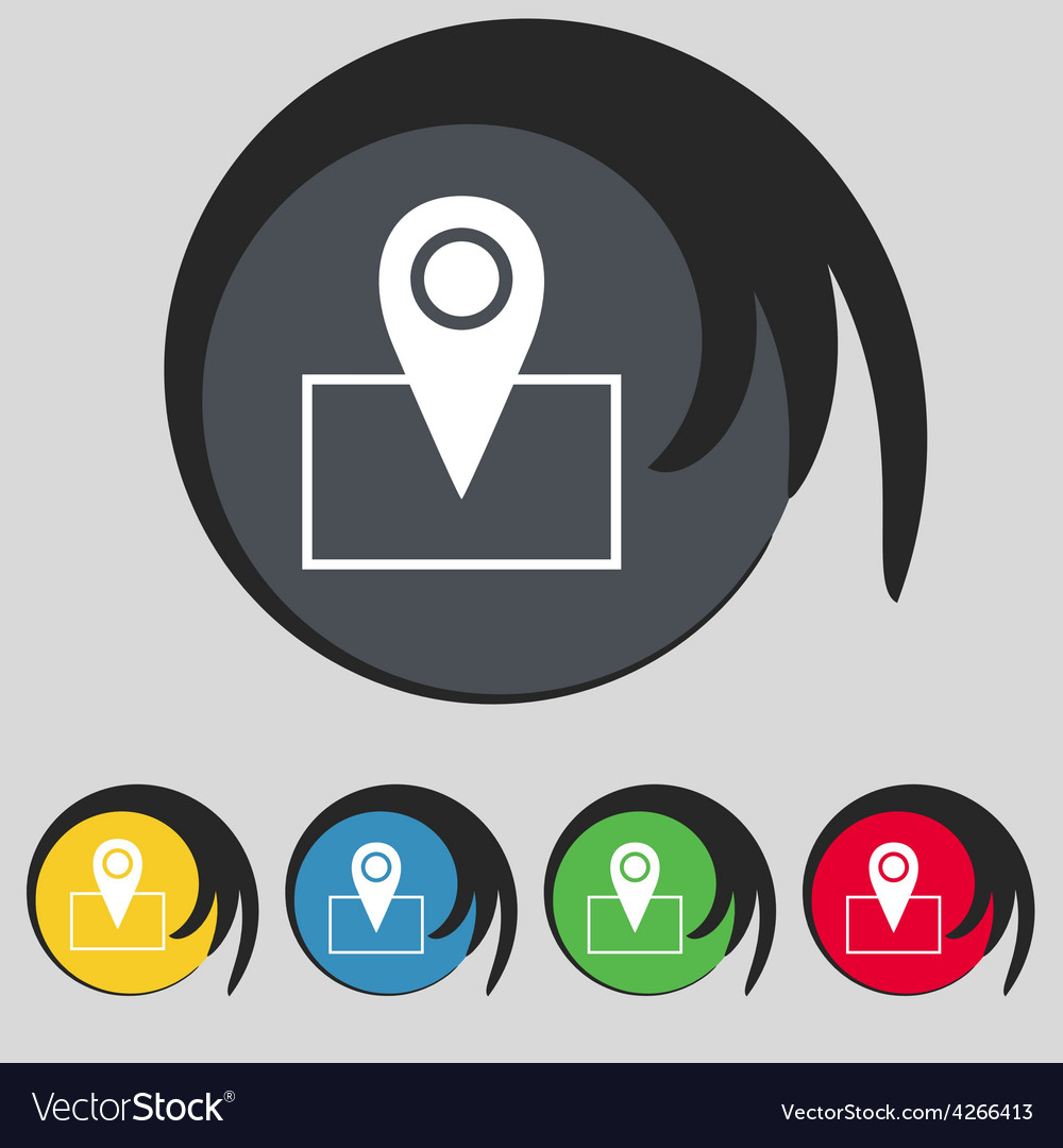 Map pointer icon sign symbol on five colored
