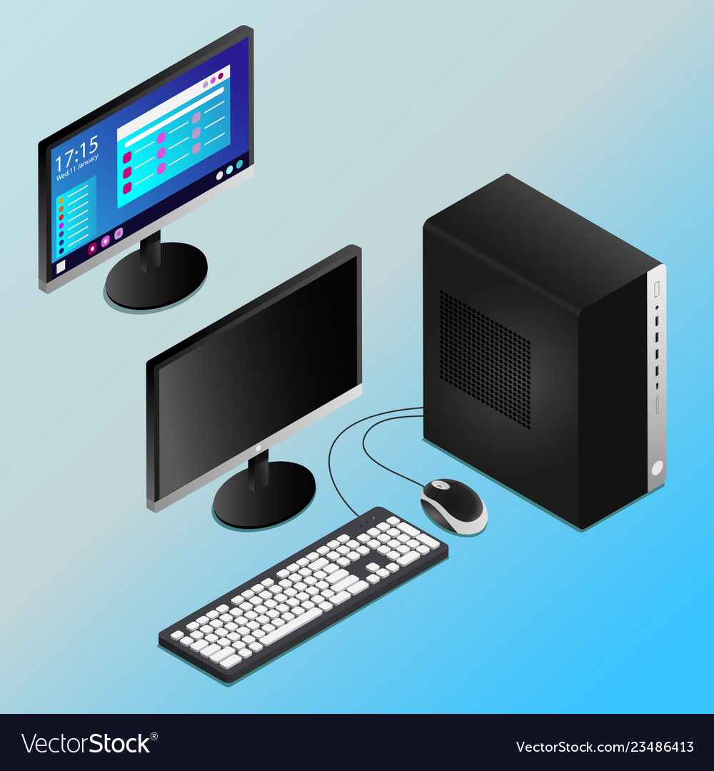 Realistic black desktop pc in isometry Royalty Free Vector