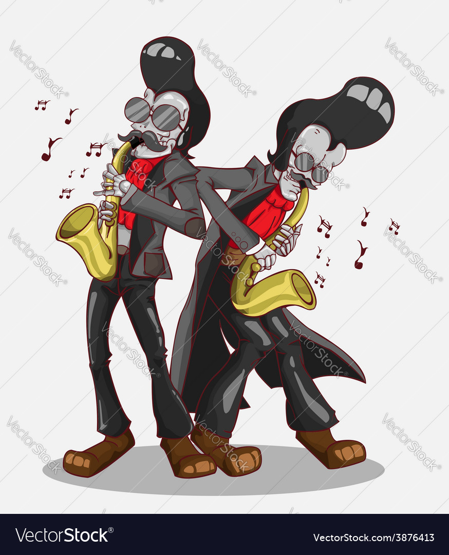 Two skeletons play saxophone