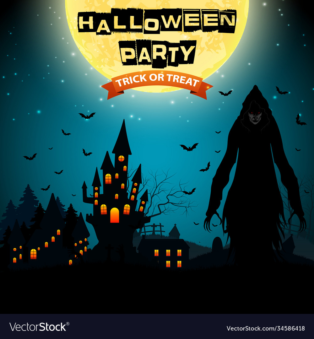 Halloween background with grim reaper and haunted Vector Image