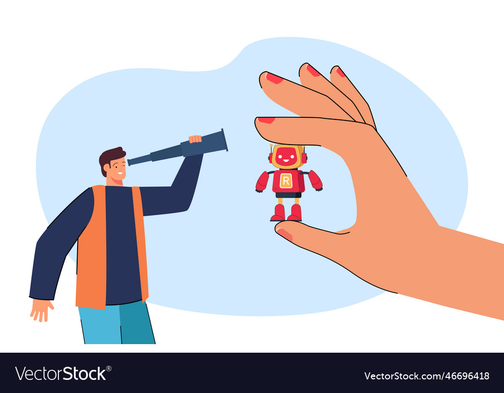 Man looking at huge hand holding tiny robot