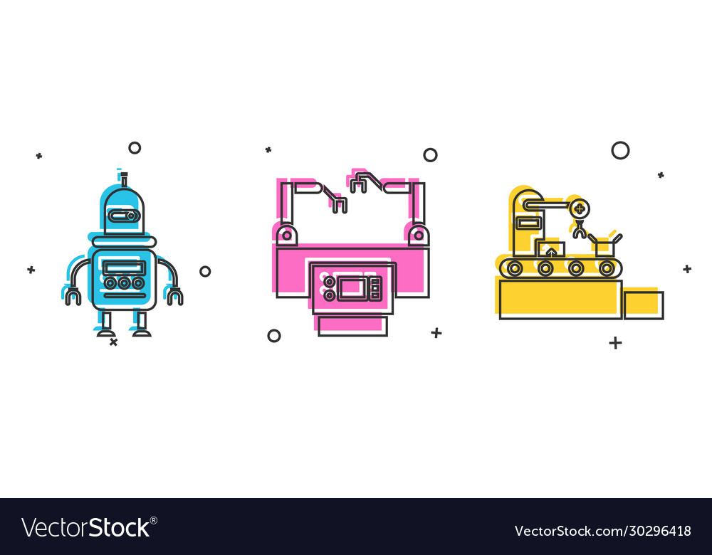 Set robot assembly line and factory conveyor vector image Set robot assembly line and factory conveyor
