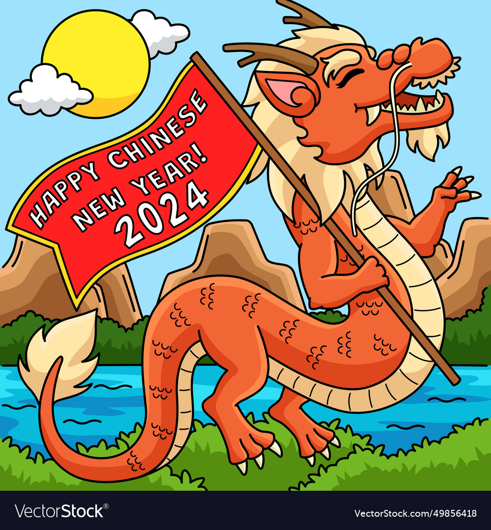 Year of the dragon holding a flag colored cartoon