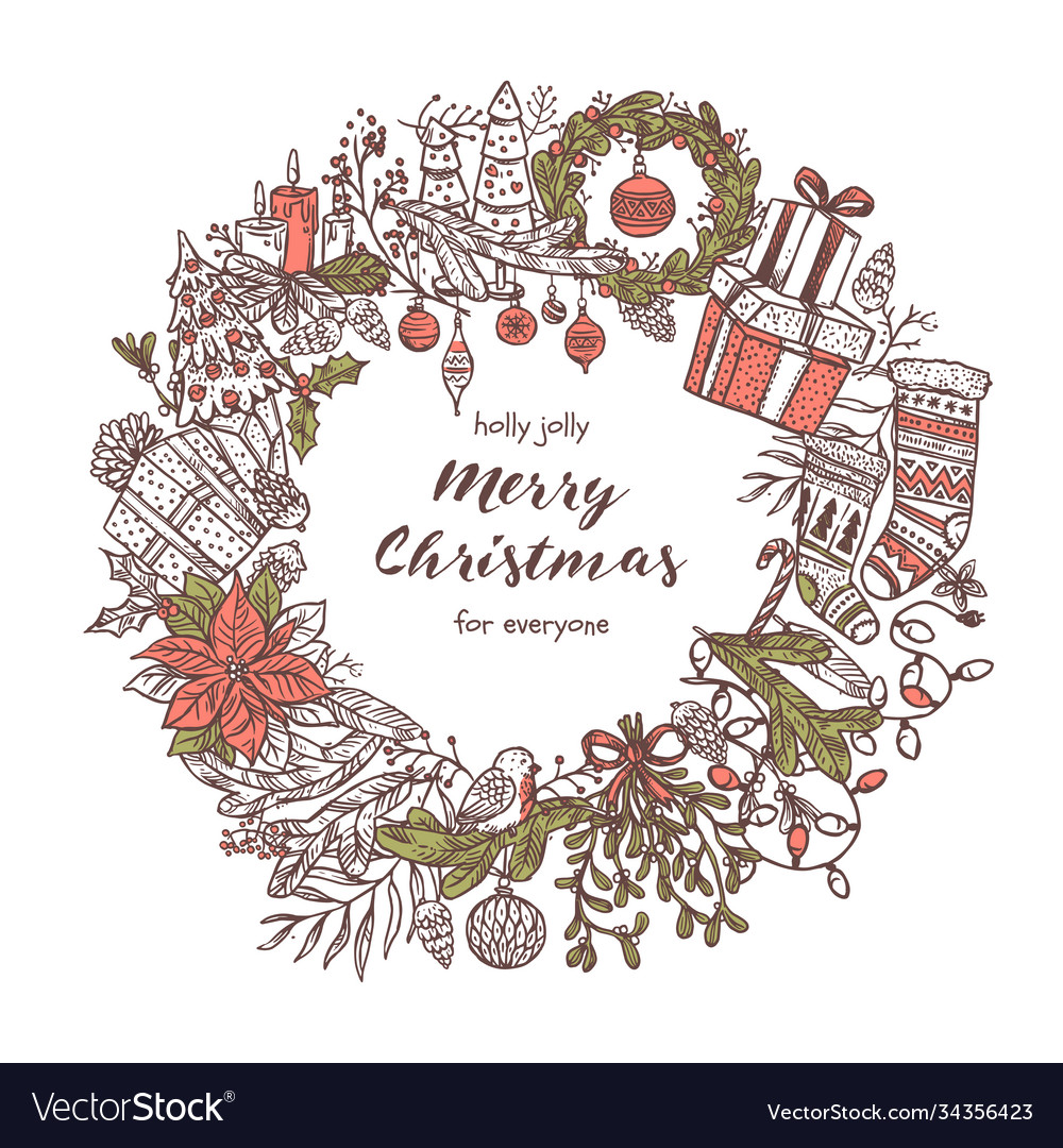 Christmas wreath made with doodle festive icons Vector Image