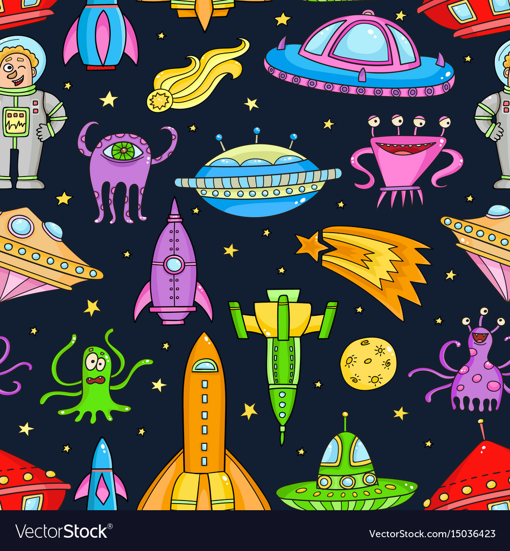 Seamless pattern with space objects - ufo rockets