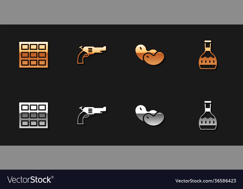 Set chocolate bar revolver gun beans and tequila Vector Image