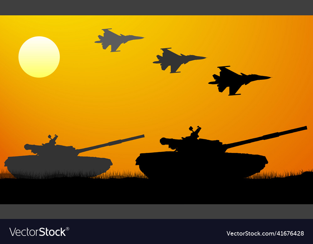 War attack tanks and fighter aircrafts silhouette Vector Image