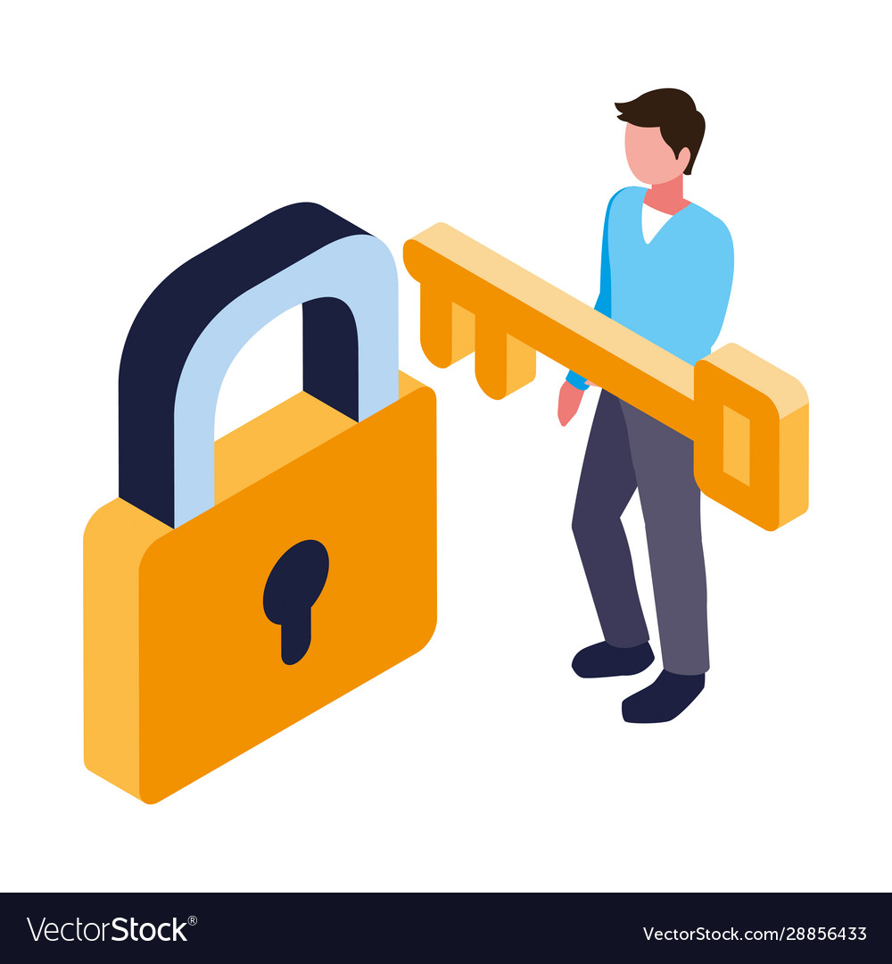 Man with security padlock and key on white