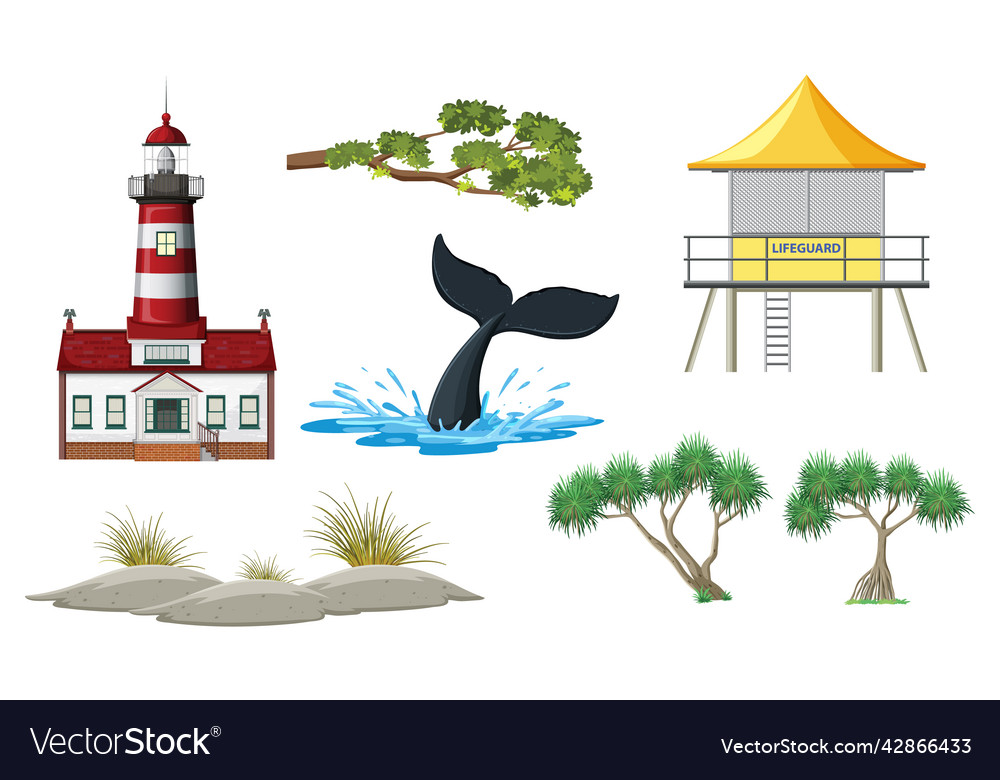 Set of beach coast objects and elements