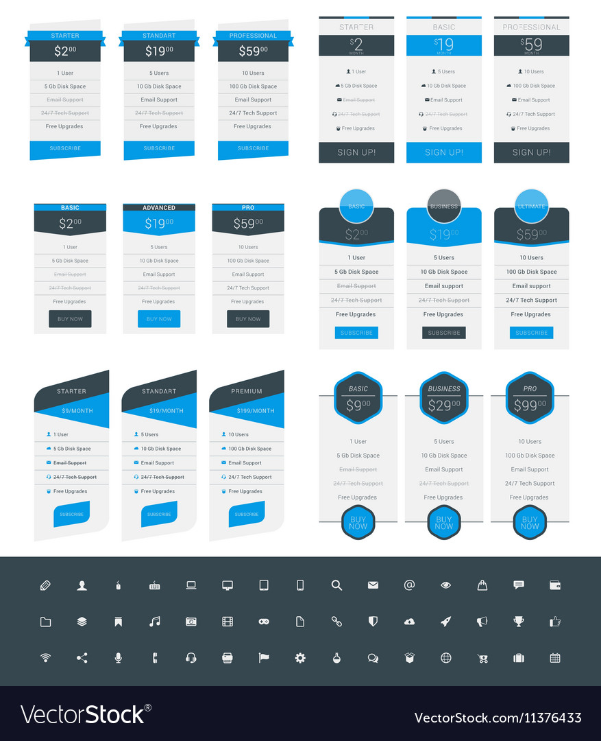 Set of pricing table design templates for websites