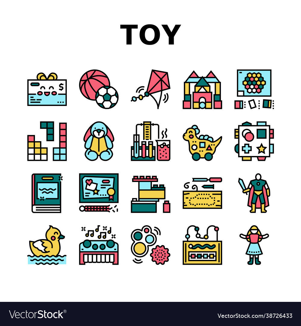 Toy shop sale product collection icons set