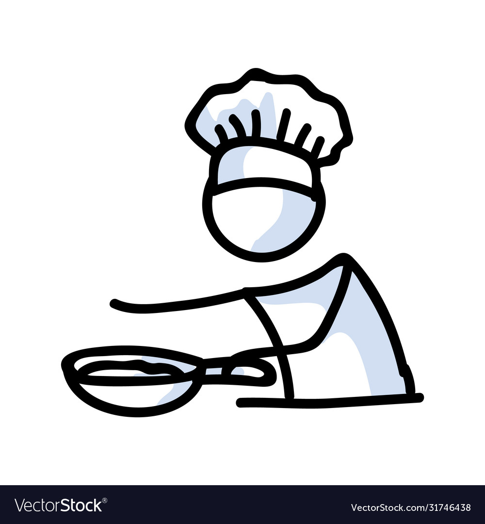 Cute stick figure chef cooking with frying pan Vector Image