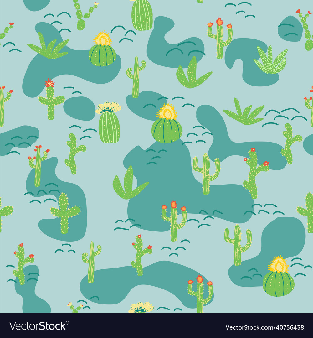 Seamless pattern with different cactus bright vector image Seamless pattern with different cactus bright