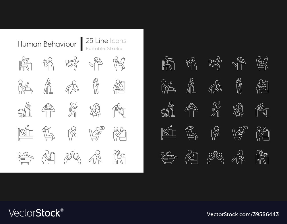 Human behaviour linear icons set for dark