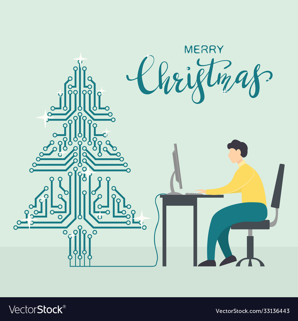 Man with computer and digital christmas tree vector image Man with computer and digital christmas tree