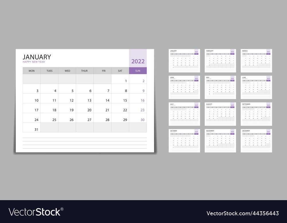 Monthly calendar template for 2022 year desk