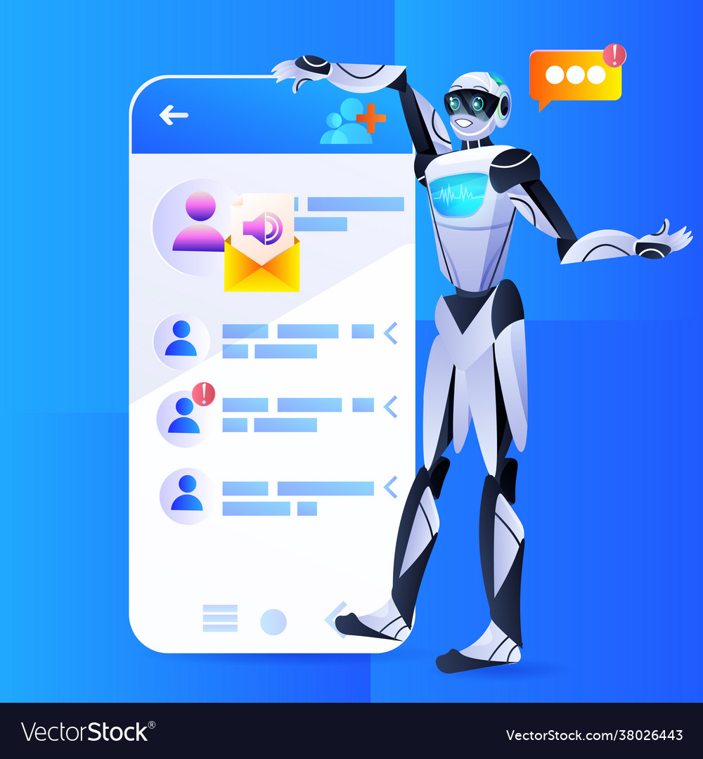 Robot chatbot assistant using mobile messenger app vector image Robot chatbot assistant using mobile messenger app