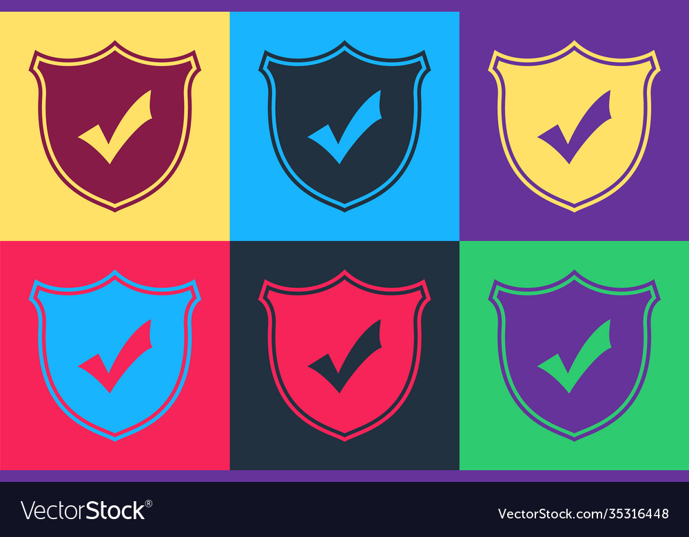 Pop art shield with check mark icon isolated