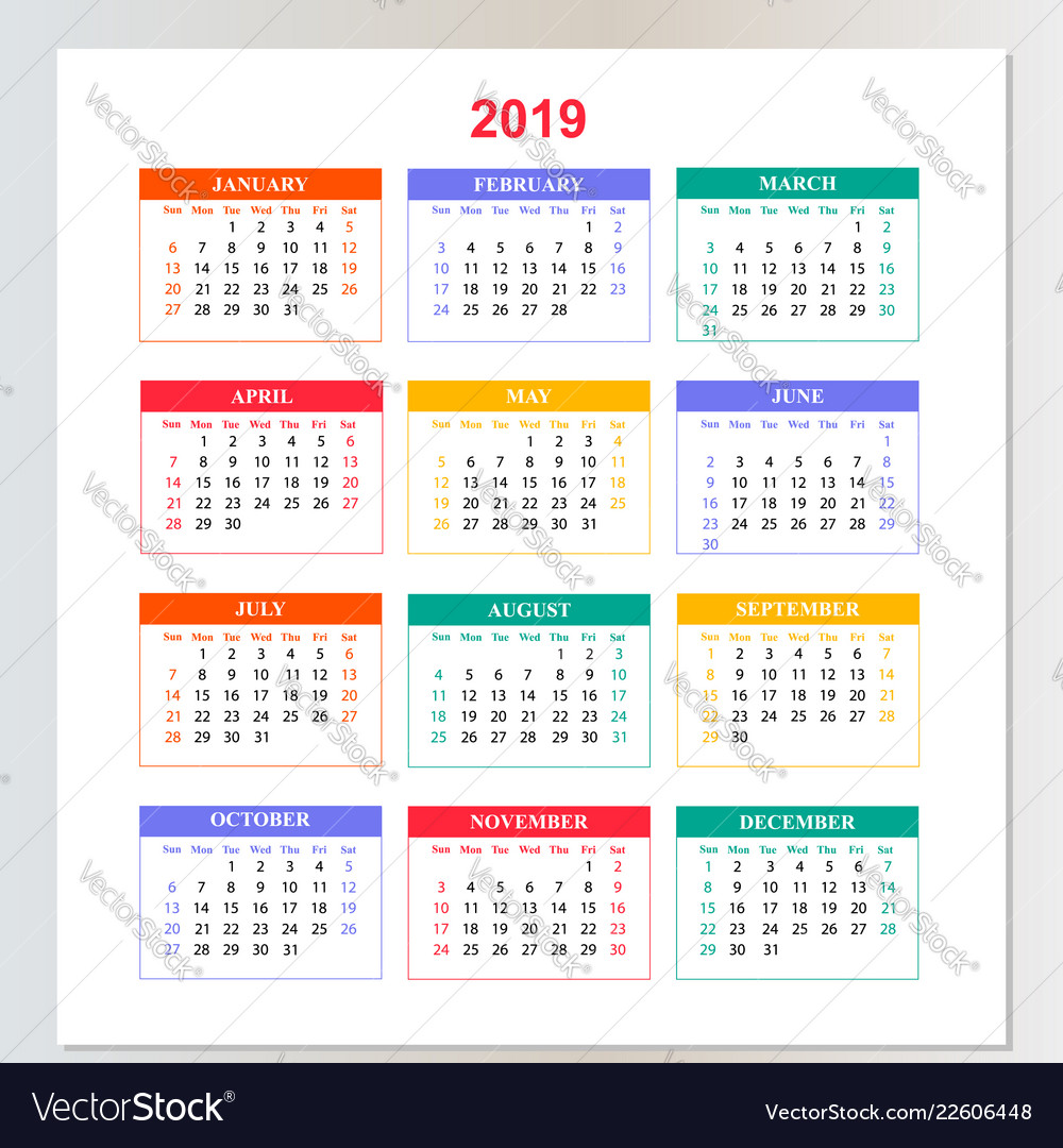 Wall calendar for 2019 year from sunday to Vector Image