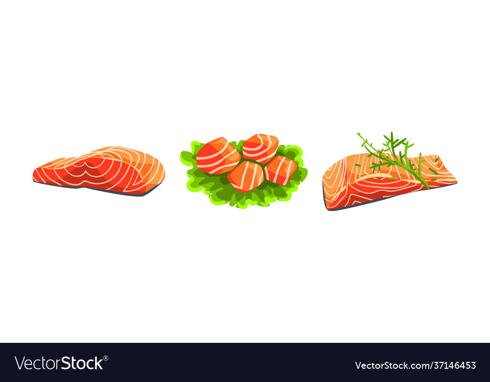 Fresh salmon fish fillet and slabs on green vector image Fresh salmon fish fillet and slabs on green
