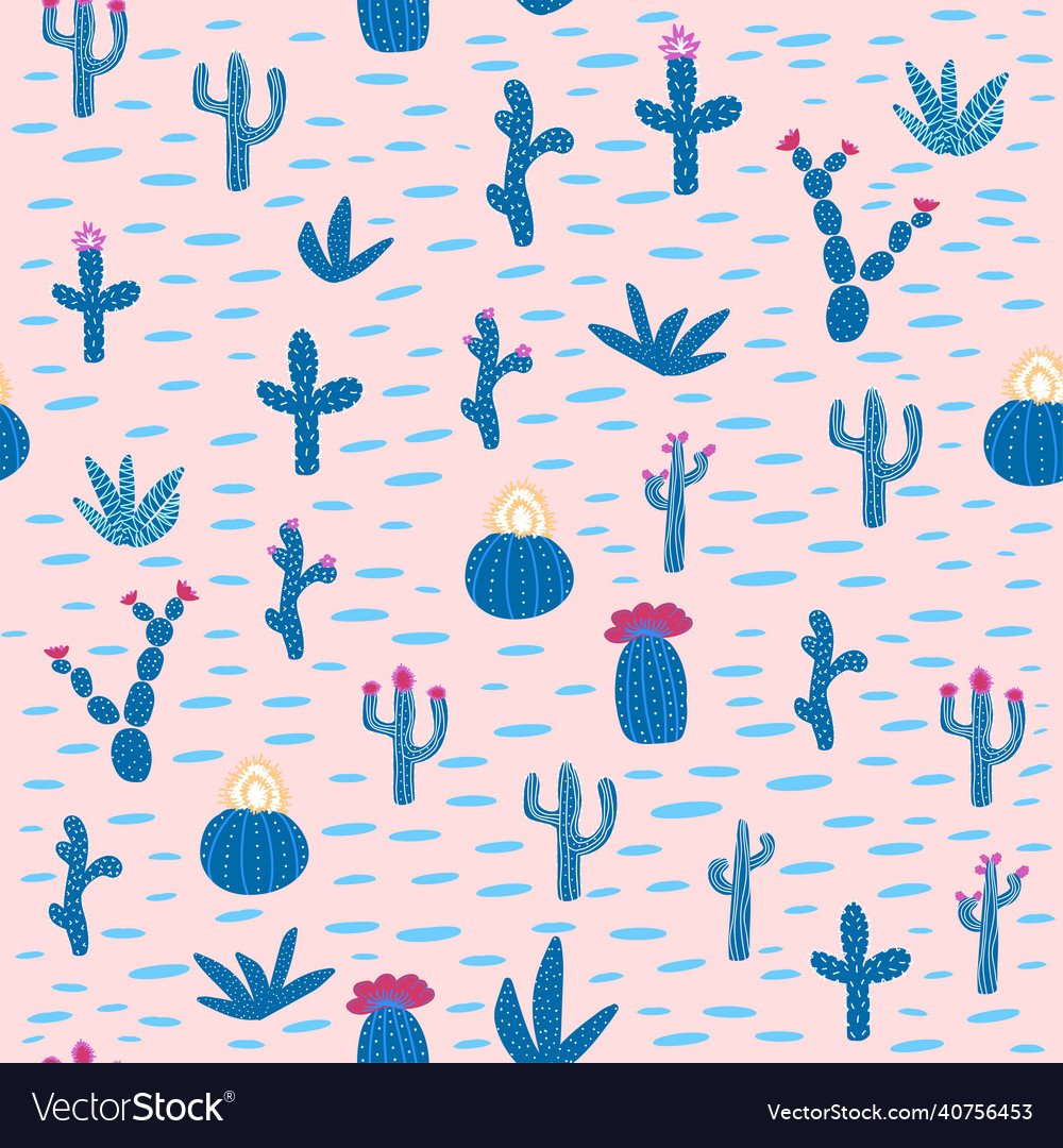 Seamless patterns with different cacti bright vector image Seamless patterns with different cacti bright
