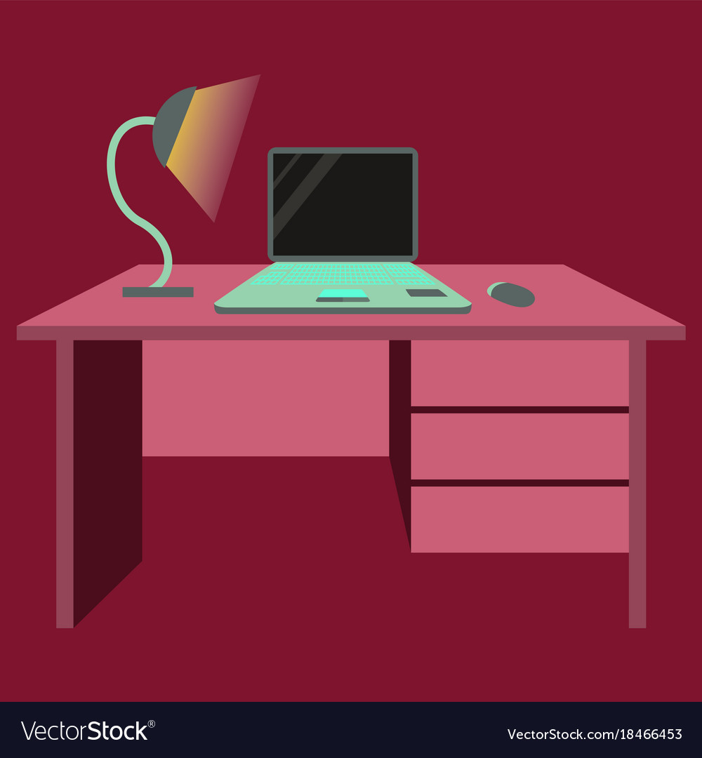 Workplace Desk Computer Lamp Top Angle View Flat Vector Image