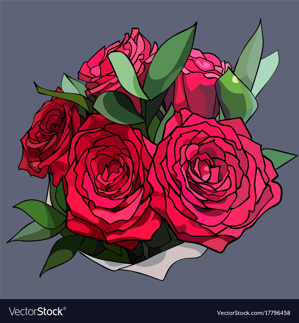 Bouquet of five red roses with green leaves