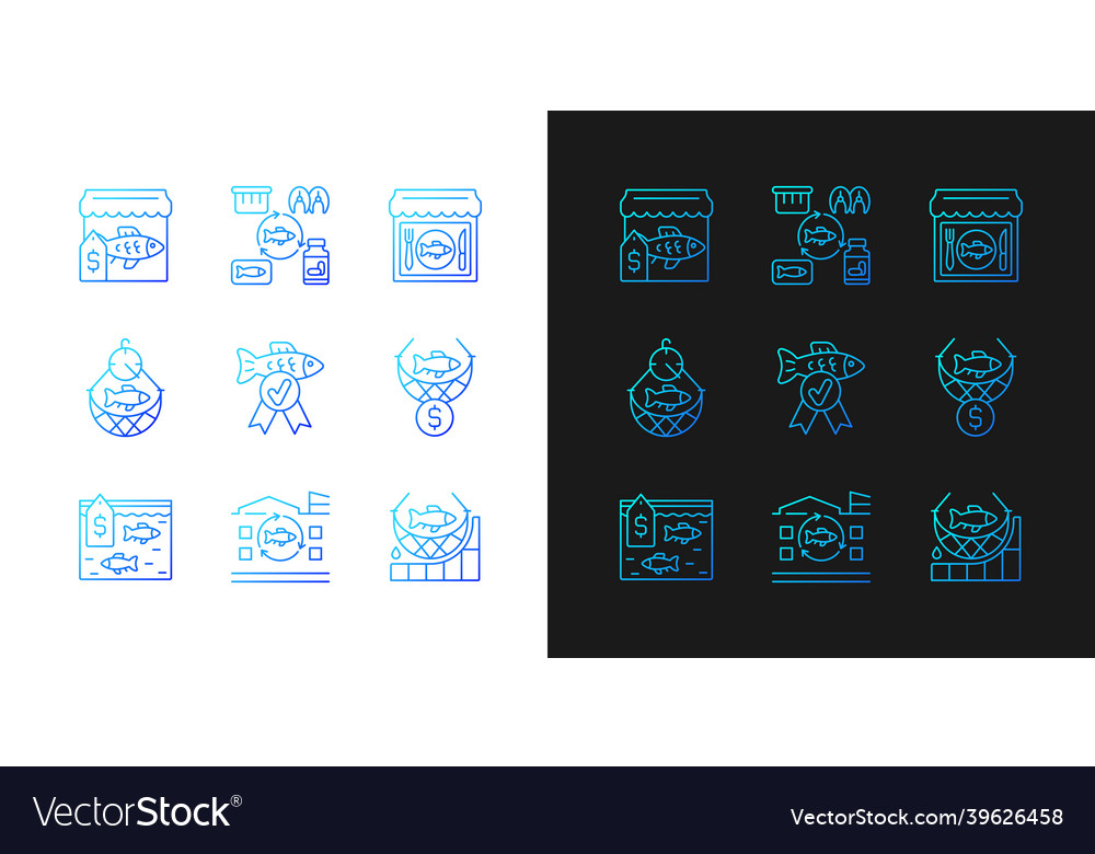 Commercial fishery gradient icons set for dark