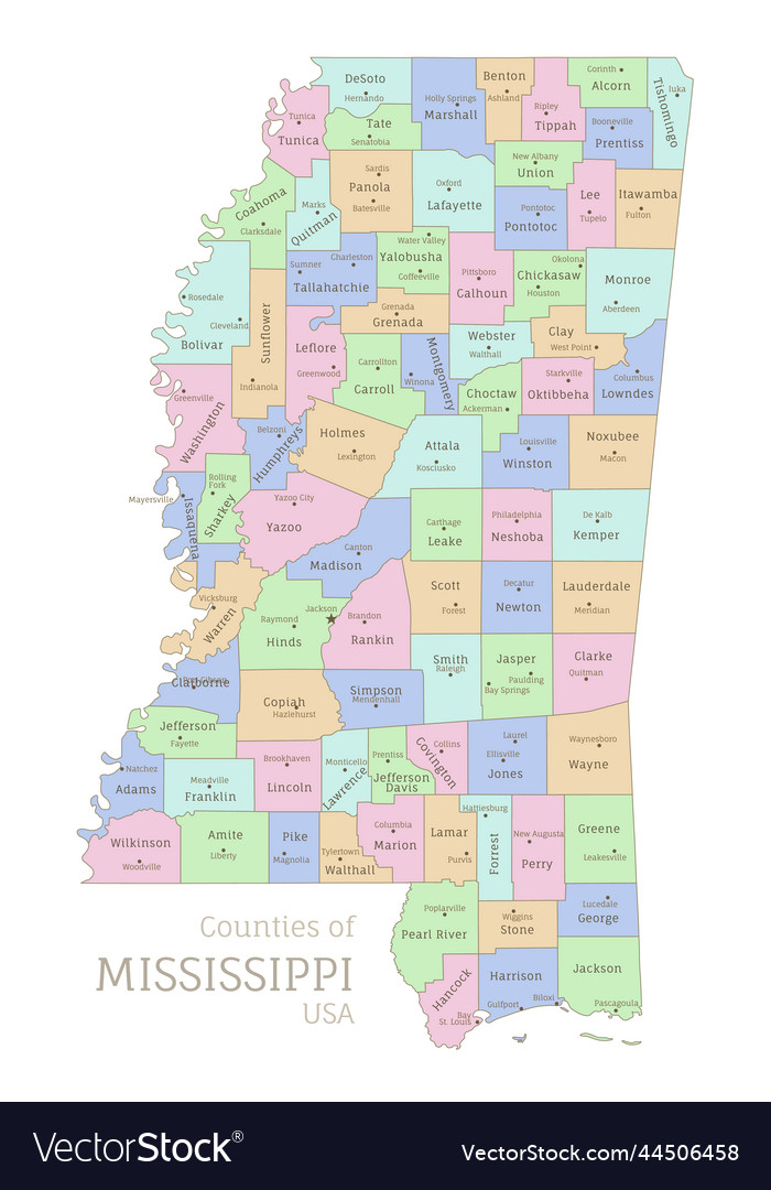 Counties of mississippi administrative map usa