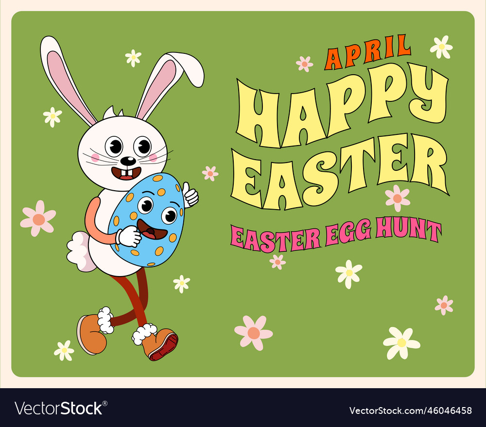 Happy Easter Groovy Cartoon Banner Retro Funny Vector Image