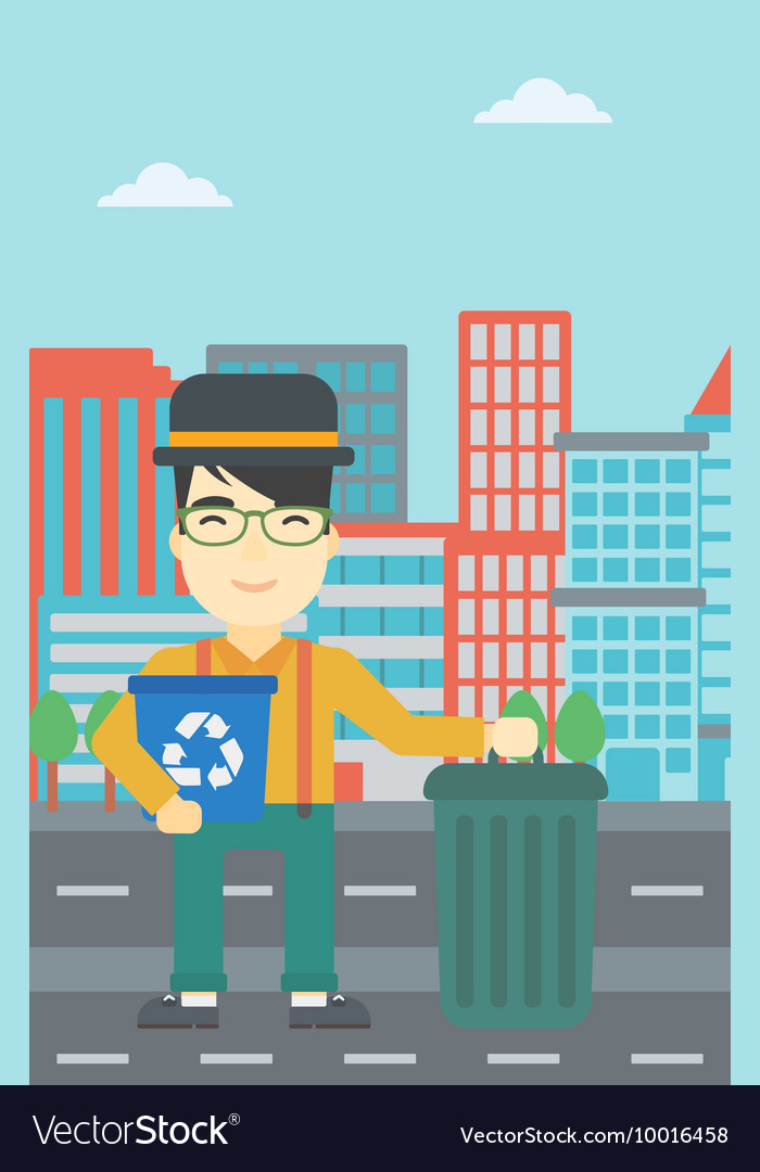 Man with recycle bin and trash can