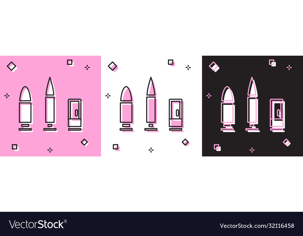 Set bullet and cartridge icon isolated on pink