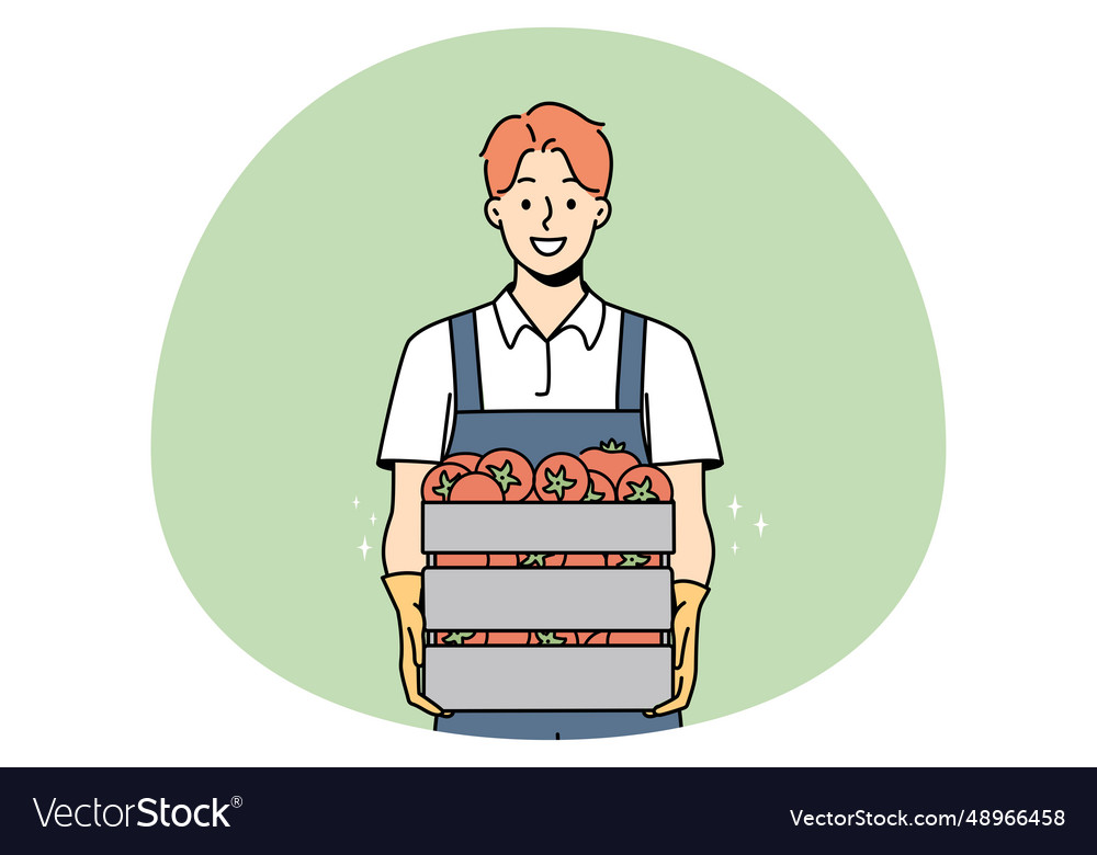 Smiling male farmer with box of tomatoes Vector Image