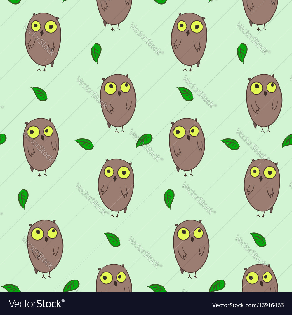 Cute hand drawn pattern with owls and leaves