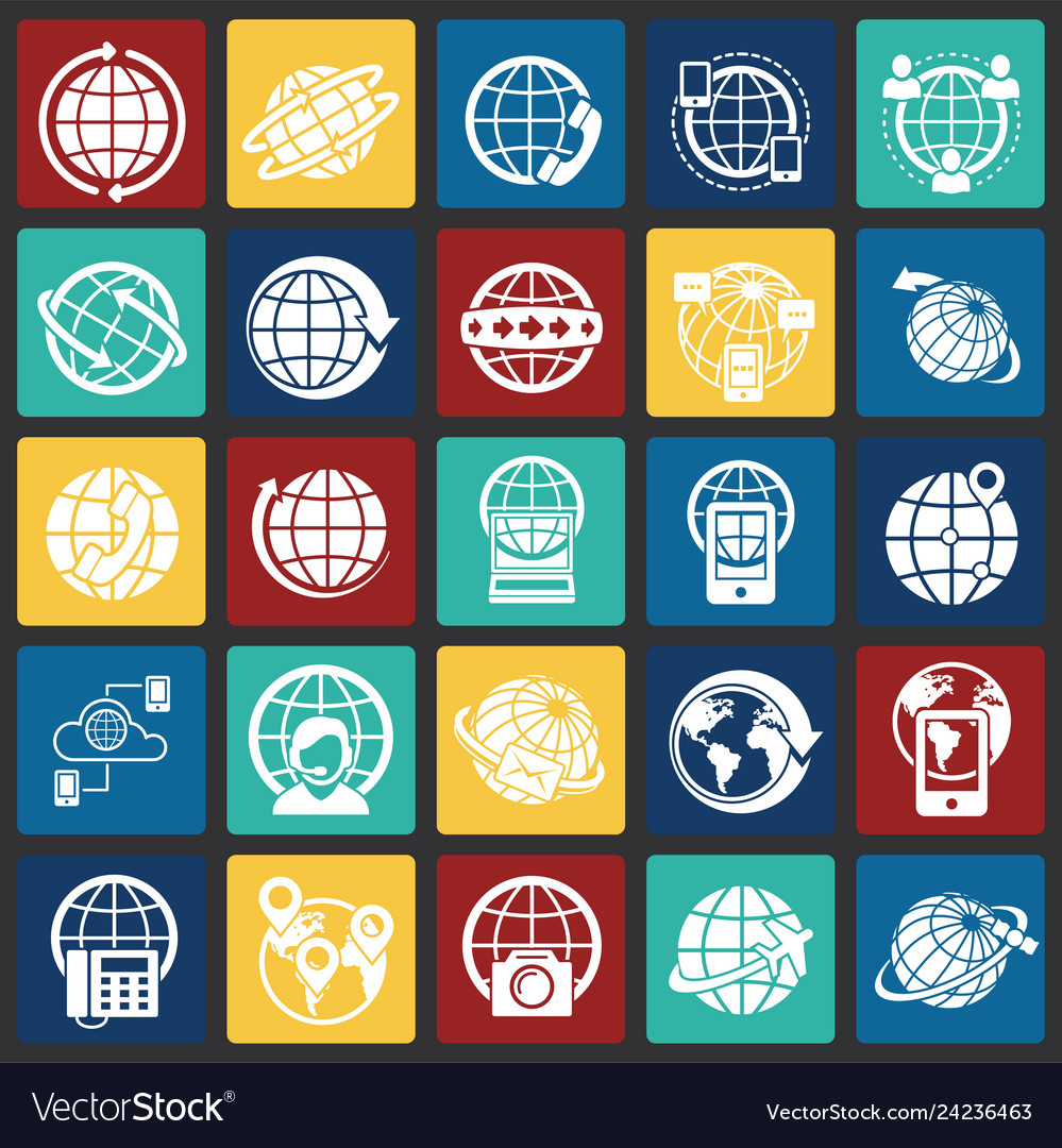 Globe related icons set on color squares
