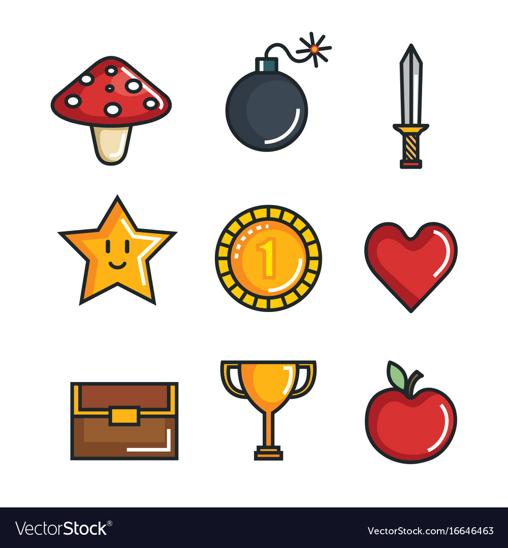 Set video game entertaining items symbols