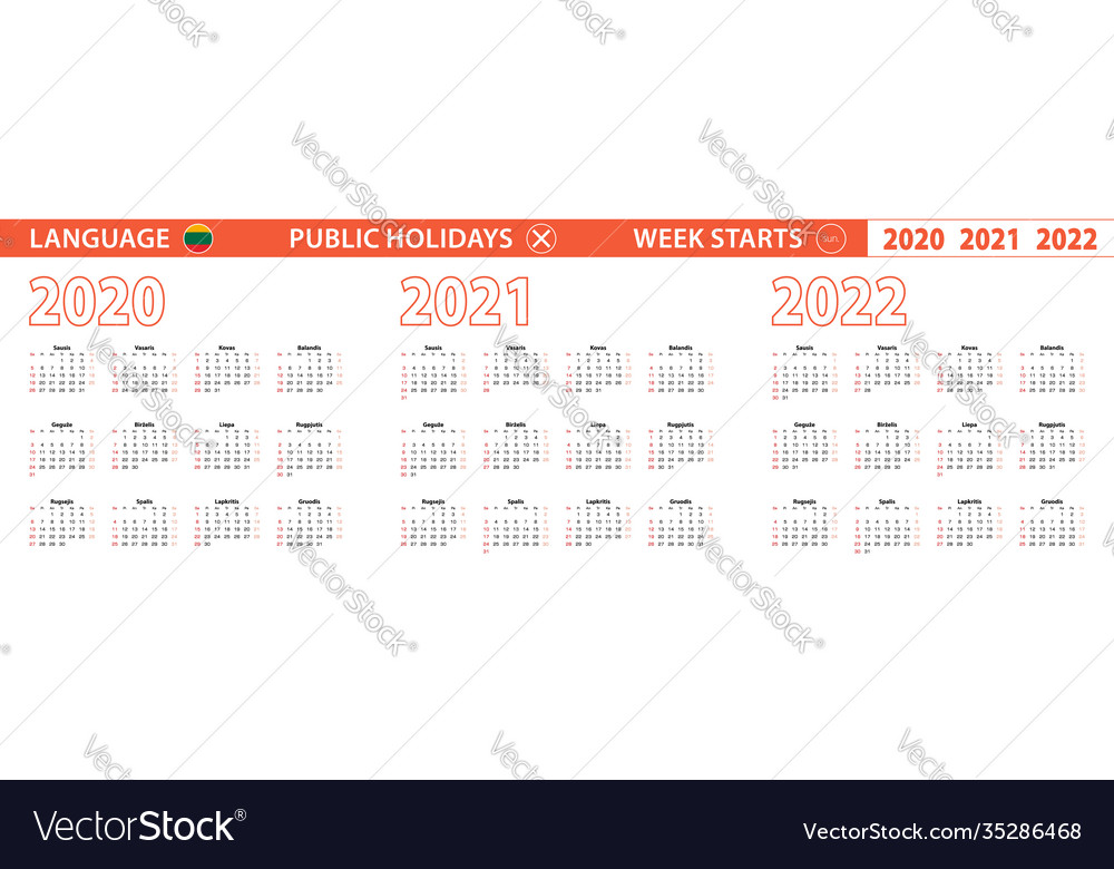 2020 2021 2022 year calendar in lithuanian