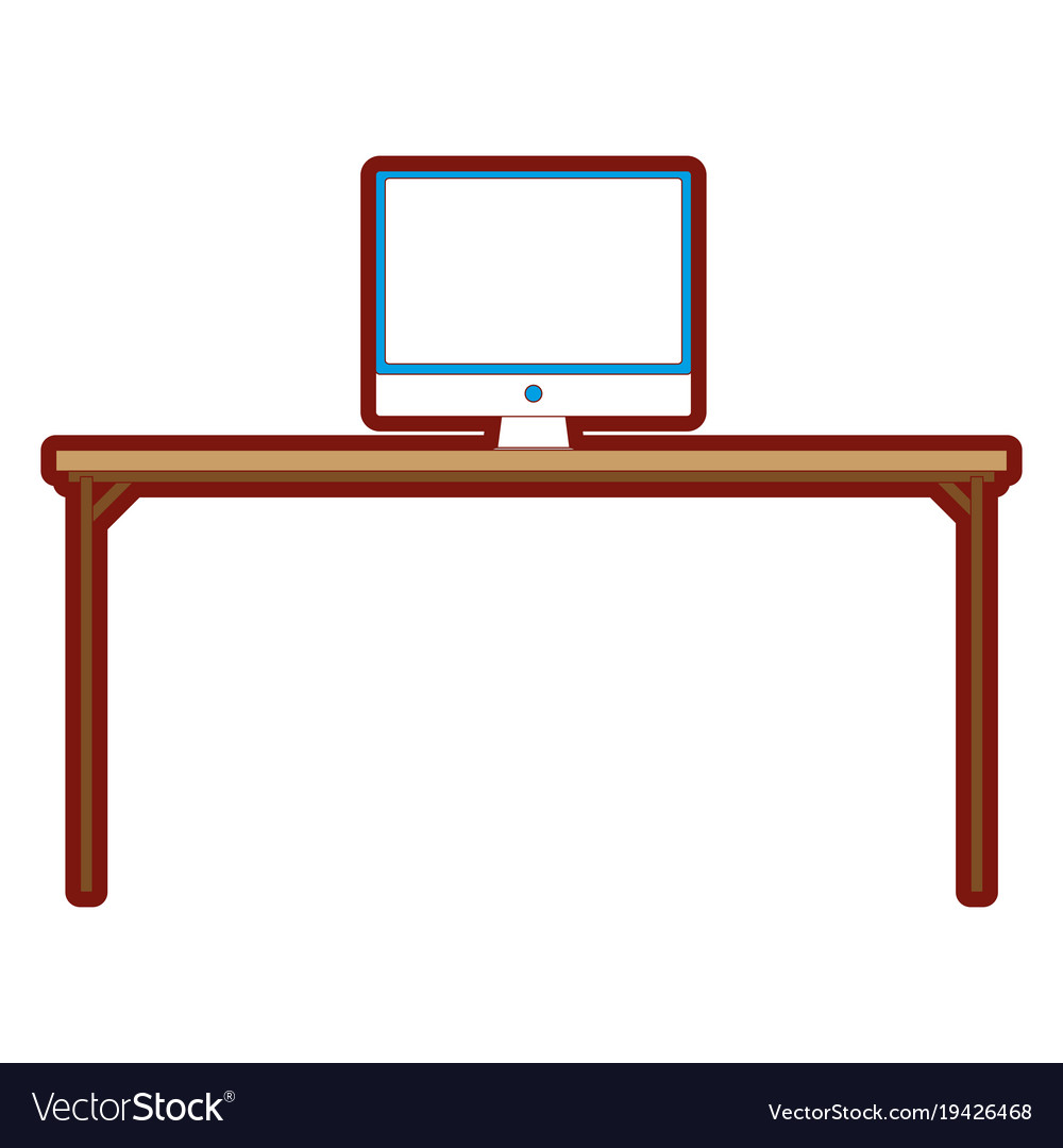 Line color wood desk object with computer