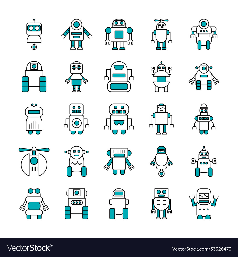 Cartoon robots and robotics icon set half line