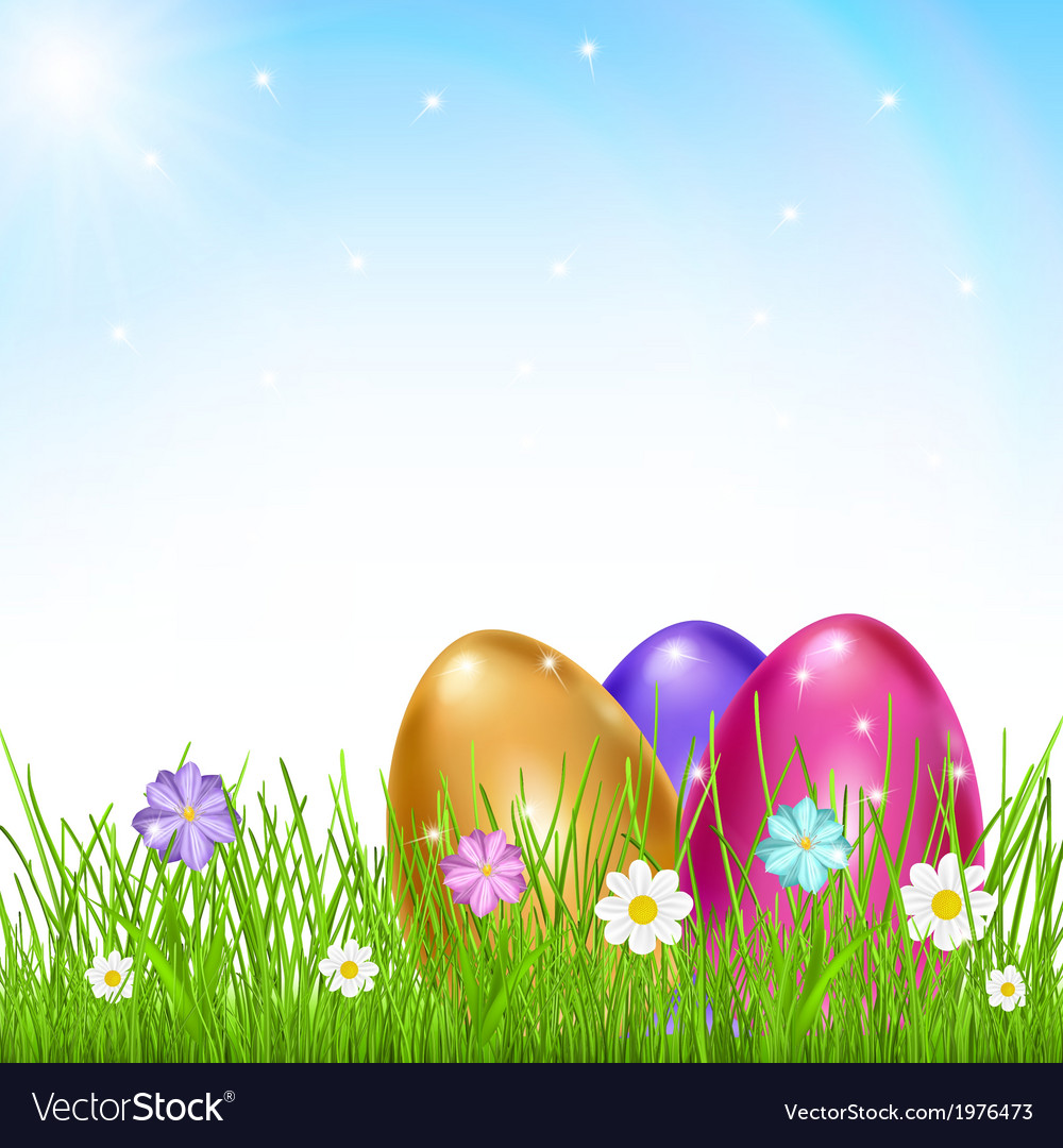 Multicolored eggs in grass with flowers Royalty Free Vector